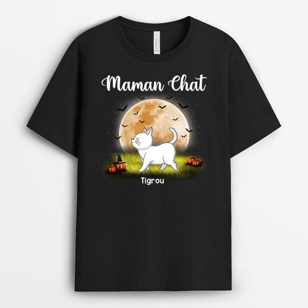 T-shirt Maman Chat Halloween Lune Personnalise