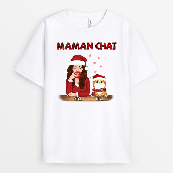 T-shirt Maman Chat Mot Rouge Noel Personnalise