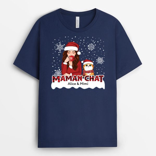 T-shirt Maman Chat Motif Rouge Noel Personnalise