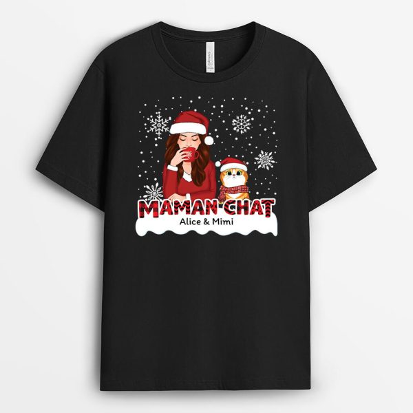 T-shirt Maman Chat Motif Rouge Noel Personnalise