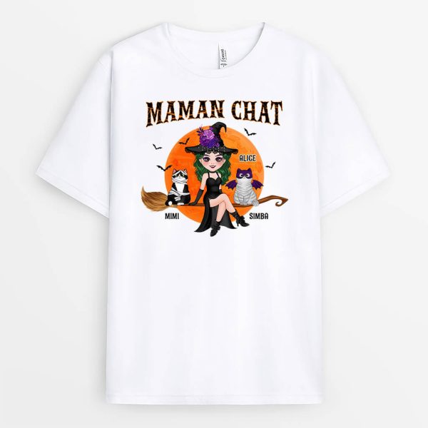 T-shirt Maman Chat Sorciere Avec Son Balai Personnalise