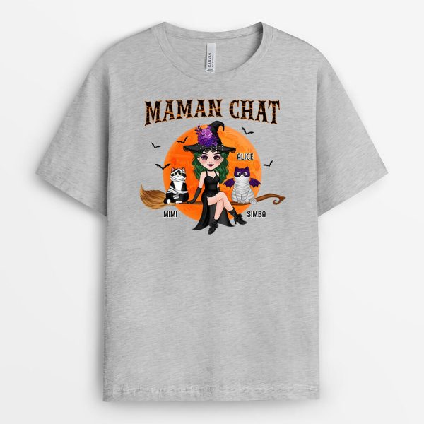 T-shirt Maman Chat Sorciere Avec Son Balai Personnalise