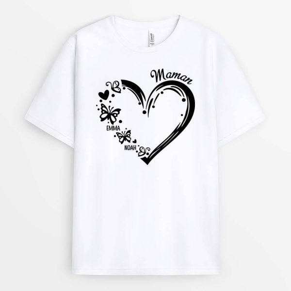 T-shirt Maman Coeur Papillons Version Noir Personnalise