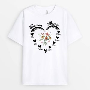 T-shirt MamanMamie Coeur Avec Fleurs Personnalise T-shirt MamanMamie Coeur Avec Fleurs Personnalise