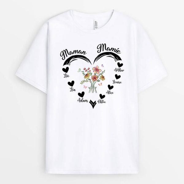 T-shirt MamanMamie Coeur Avec Fleurs Personnalise