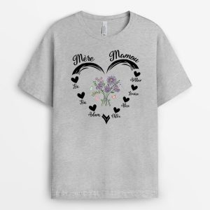T-shirt MamanMamie Coeur Avec Fleurs Personnalise T-shirt MamanMamie Coeur Avec Fleurs Personnalise