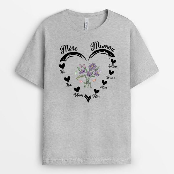 T-shirt MamanMamie Coeur Avec Fleurs Personnalise