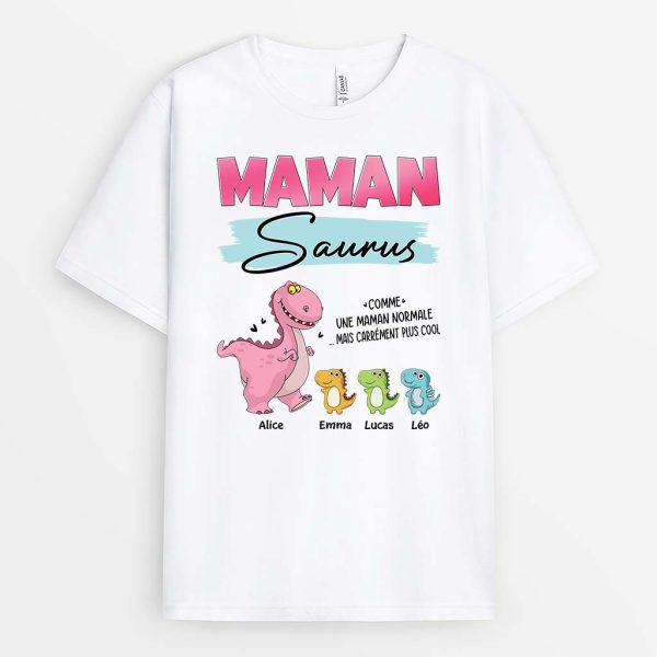 T-shirt Mamansaurus Version Bleu Et Rose Personnalise