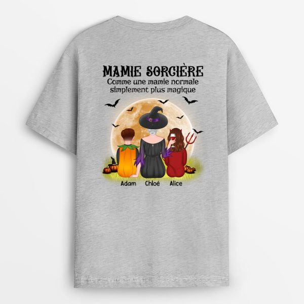 T-shirt Mamie Sorciere Halloween Plus Magique Avec Impression Au Dos Personnalise