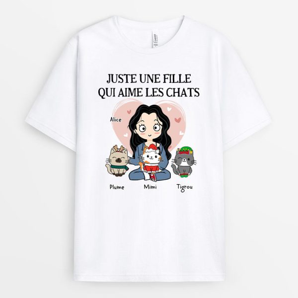 T-shirt Noel Juste une fille qui aime les chats Coeur Personnalise