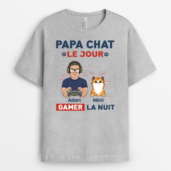 T-shirt Papa Chat Le Jour Gamer La Nuit Personnalise