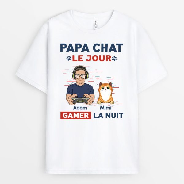 T-shirt Papa Chat Le Jour Gamer La Nuit Personnalise