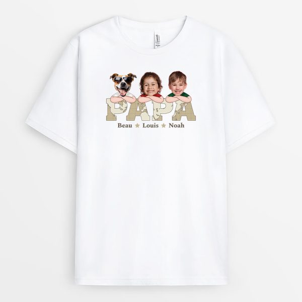 T-shirt Papa, Ses Enfants Et Ses Animaux Version Blanc Personnalise