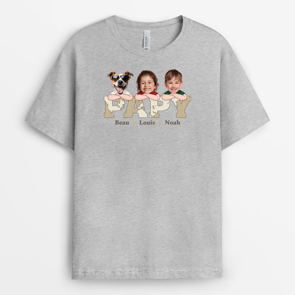 T-shirt Papa, Ses Enfants Et Ses Animaux Version Blanc Personnalise