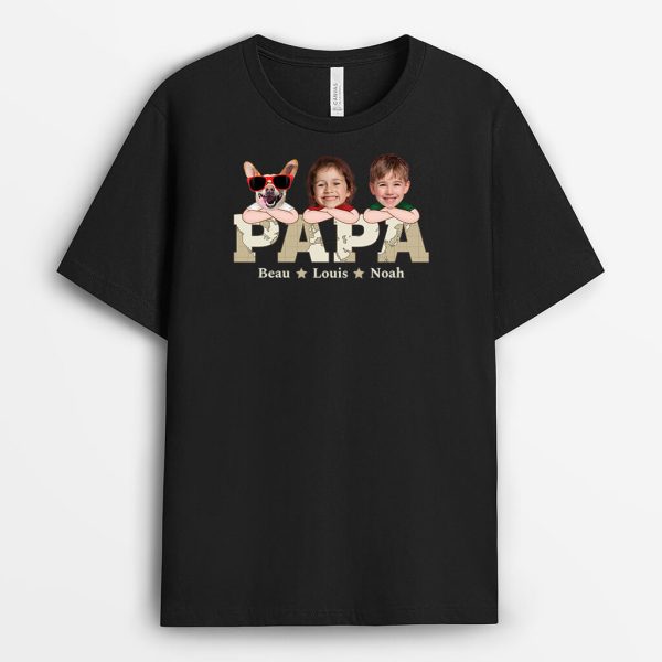 T-shirt Papa, Ses Enfants Et Ses Animaux Version Noir Personnalise