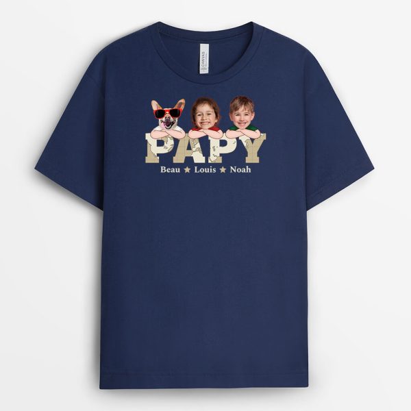 T-shirt Papa, Ses Enfants Et Ses Animaux Version Noir Personnalise