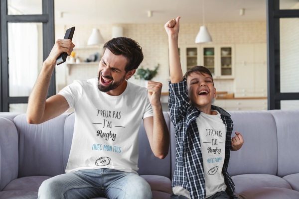 Tee shirt j’peux pas j’ai rugby avec, tee shirt duo pere et fils, pere et fille, tee shirt famille, cadeau papa