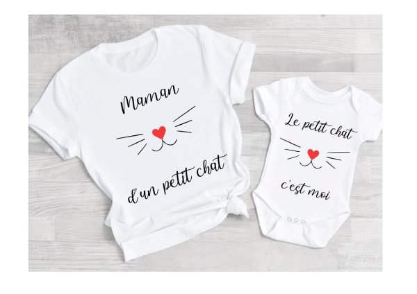 Tee shirt maman d’un petit chat, maman et moi, maman et bebe , tee shirt duo, tee shirt famille, tee shirt personnalise