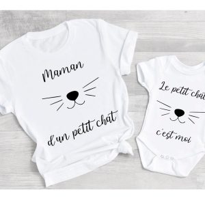 Tee shirt maman d’un petit chat, maman et moi, maman et bebe , tee shirt duo, tee shirt famille, tee shirt personnalise