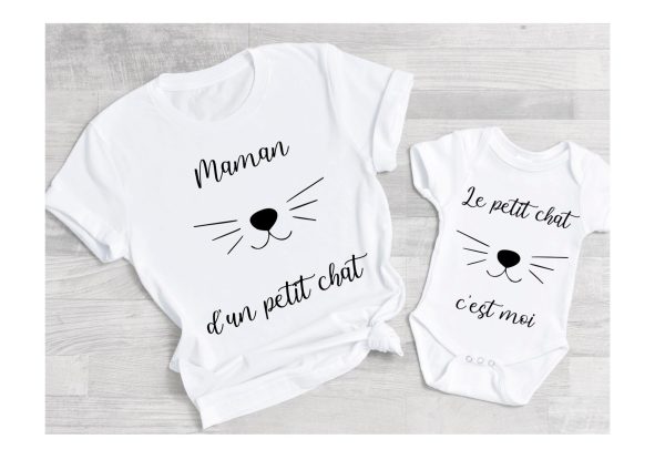 Tee shirt maman d’un petit chat, maman et moi, maman et bebe , tee shirt duo, tee shirt famille, tee shirt personnalise