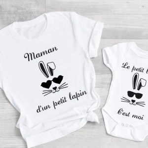 Tee shirt maman d’un petit lapin, t-shirt assortis paques, maman et moi, maman et bebe, tee shirt duo, tee shirt famille