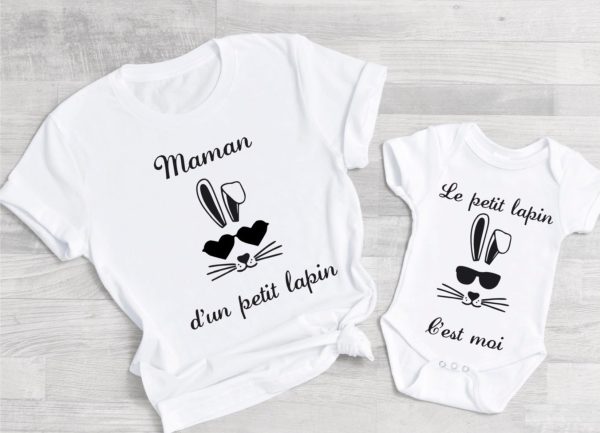 Tee shirt maman d’un petit lapin, t-shirt assortis paques, maman et moi, maman et bebe, tee shirt duo, tee shirt famille