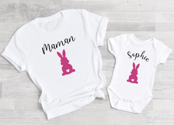 Tee shirt maman mini lapin , maman et moi paques , paques babe, tenue assortie, tee shirt famille paques ,paques personnalise