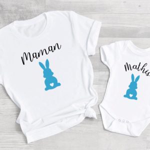 Tee shirt maman mini lapin , maman et moi paques , paques babe, tenue assortie, tee shirt famille paques ,paques personnalise