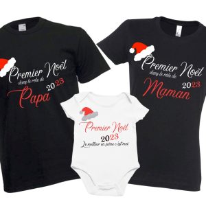 Tee shirt noel famille premier noel, premier noel papa, premier noel maman, mon premier noel
