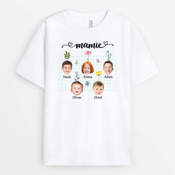 Mamie Avec Photos Et Fleurs – Cadeau Personnalise  T-shirt pour Mamie