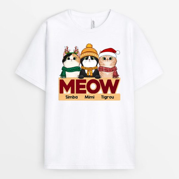 Meow – Cadeau Personnalise  T-shirt pour Amoureux des Chats Noel