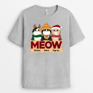 Meow Cadeau Personnalise T shirt pour Amoureux des Chats Noel 2
