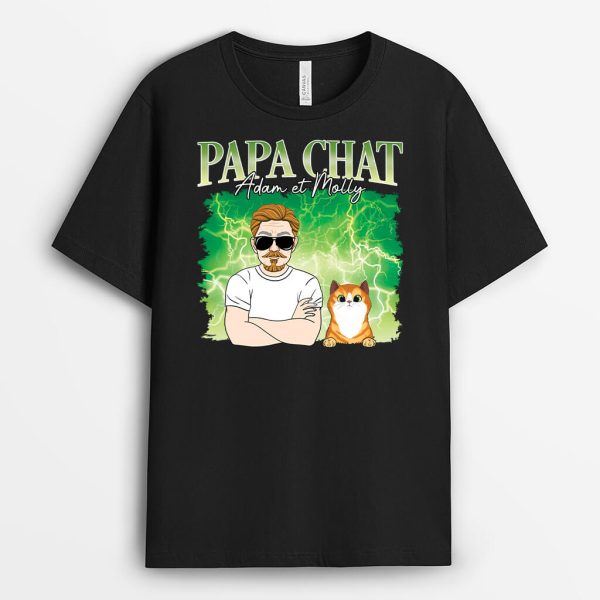 Papa Chat Avec Foudre – Cadeau Personnalise  T-shirt pour Amoureux des Animaux