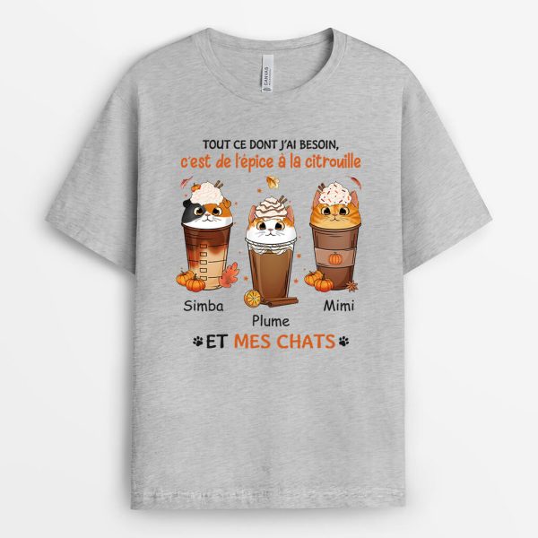 T-shirt Tout Ce Dont J_ai Besoin C_est De L_Epice A La Citrouille Et Mes Chats Automne Personnalise