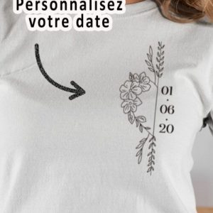 Tee-shirt - Fleur coeur date - Pour femme 1 Tee shirt Fleur coeur date Pour femme 2