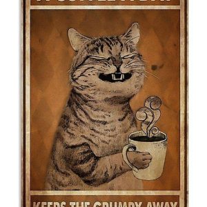 A Coffee Day Keeps The Grumpy Away Happy Cat Drinking Hot Coffee Canvas Poster