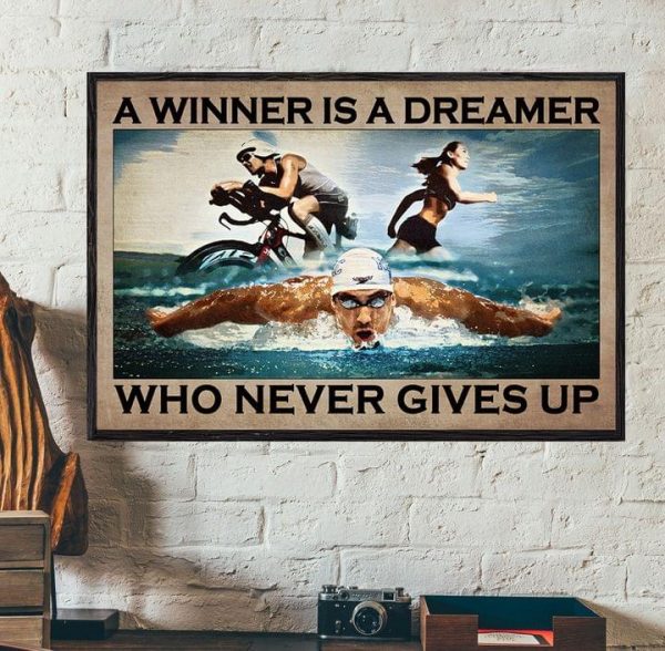 A Winner Is A Dreamer Who Never Gives Up Athletes Running Swimming Biking Canvas Poster