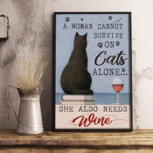 A Woman Cannot Survive On Cats Alone She Also Needs Wine Black Cat On Books Glass Of Red Wine Canvas Poster