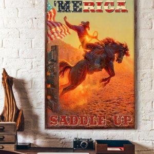 America Saddle Up Cowboy Riding Horse America Flag Canvas Poster