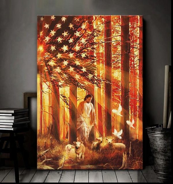 American Holy Light Forest God Jesus And Animal Digital Art Canvas Poster