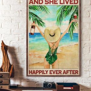 And She Lived Happily Ever After Bikini Lady Girl Drinking Red Wine On Beach Canvas Poster