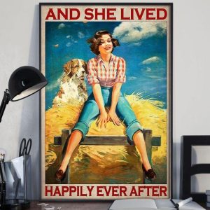 And She Lived Happily Ever After Happy Lady Girl Sitting On Straw With Dog Canvas Poster