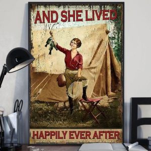 And She Lived Happily Ever After Red Shirt Woman Holding Fish Besides The Tent Canvas Poster