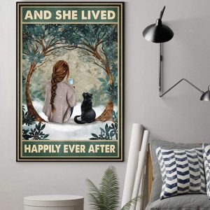 And She Lived Happily Ever After Young Lady Girl Drinking Enjoying Snow With Black Cat Canvas Poster
