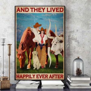 And They Lived Happily Ever After Cowboy Cowgirl Farm Horse Bull Dog Canvas Poster