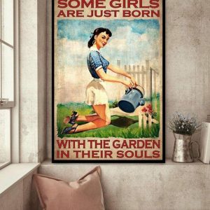 Are Just Born With The Garden In Their Souls Vintage Lady Girl Watering Flowers Canvas Poster