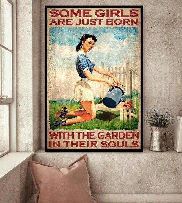 Are Just Born With The Garden In Their Souls Vintage Lady Girl Watering Flowers Canvas Poster