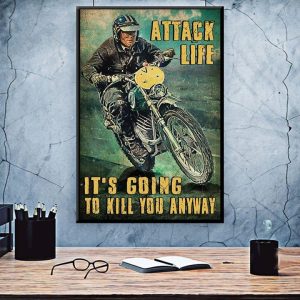 Attack Life It’s Going To Kill You Animal Man Riding Motorcycle Canvas Poster