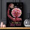 Be Kind To Your Mind Red Lady Watering Flowers Headband Glitter Canvas Poster