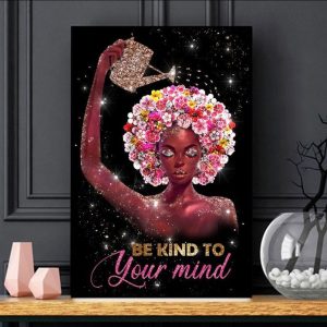 Be Kind To Your Mind Red Lady Watering Flowers Headband Glitter Canvas Poster